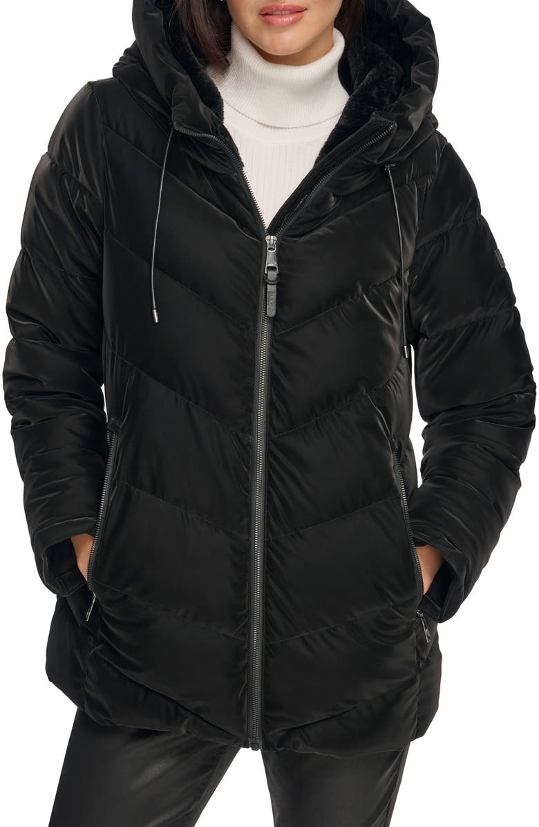DKNY Water Resistant Faux Fur Lined Hood Puffer Jacket, Main, color, 