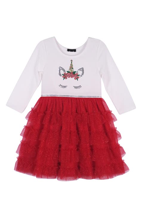 Kids' Unicorn Long Sleeve Ruffle Dress (Little Kid)