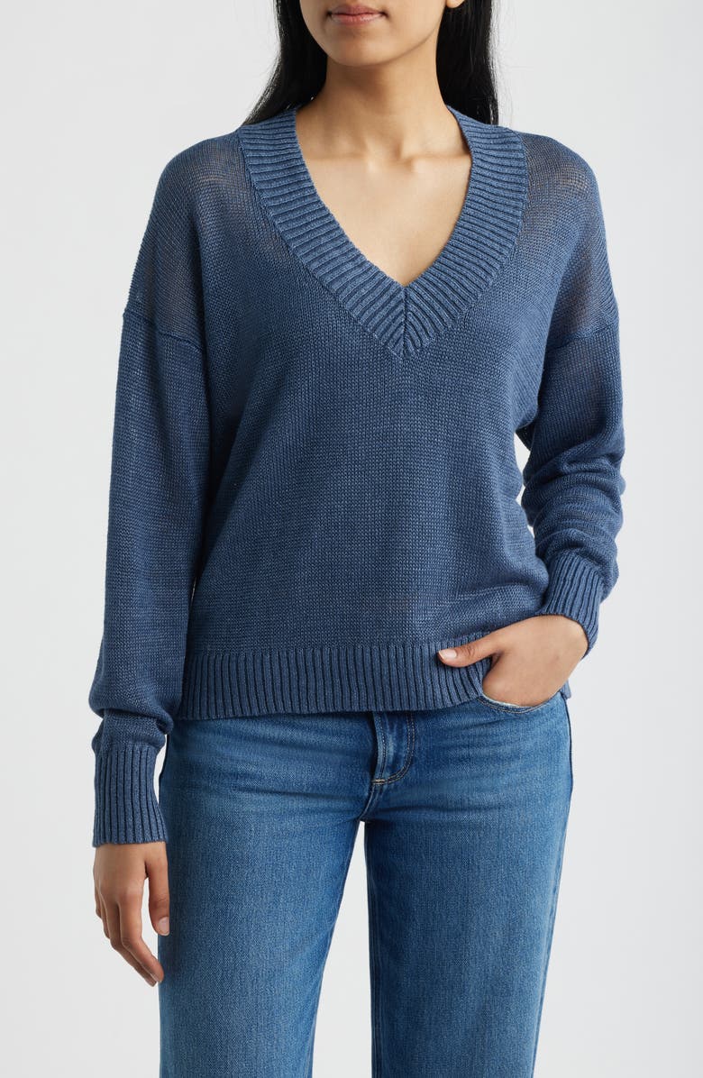 Madewell Arline Linen V-Neck Pullover, Main, color, Petrol Navy