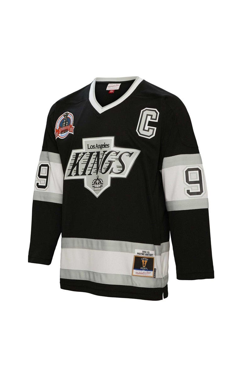 Mitchell & Ness Men's Mitchell & Ness Wayne Gretzky Black Los Angeles Kings Captain Patch 1992/93 Blue Line Player Jersey, Alternate, color,