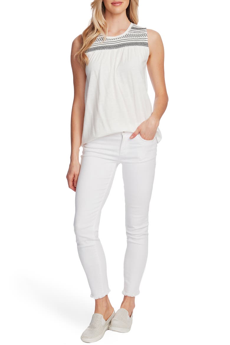 Embroidered Yoke Sleeveless Cotton Blend Top, Alternate, color, NEW IVORY