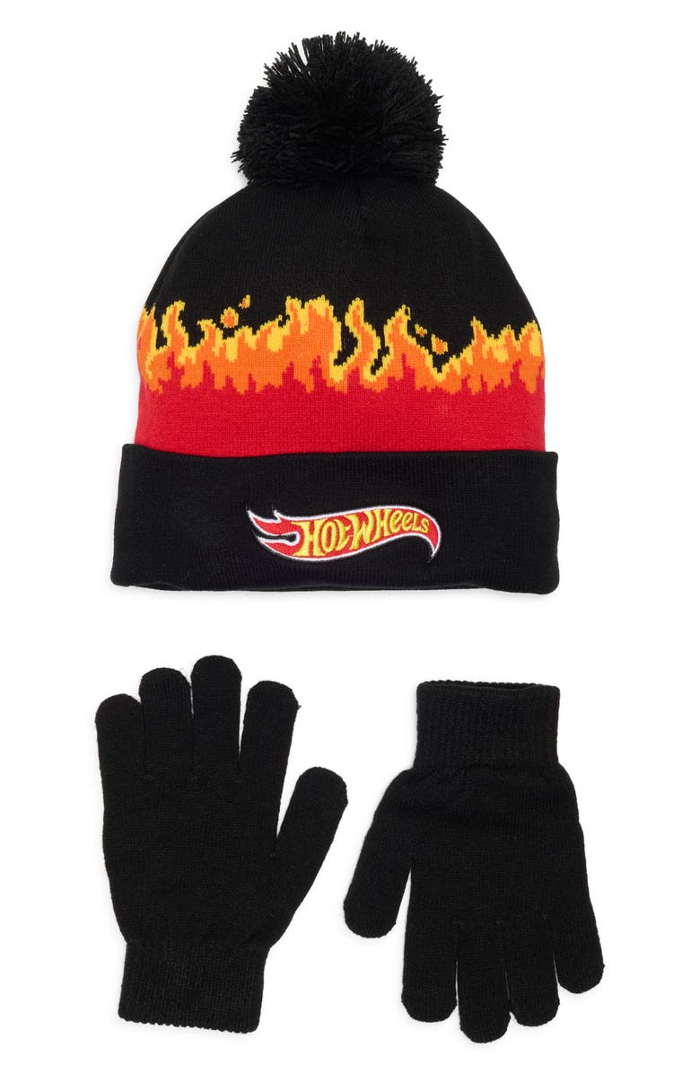 USPA ACCESSORIES Kids Hot Wheels<sup>®</sup> Hat & Knit Gloves Set, Main, color, Black