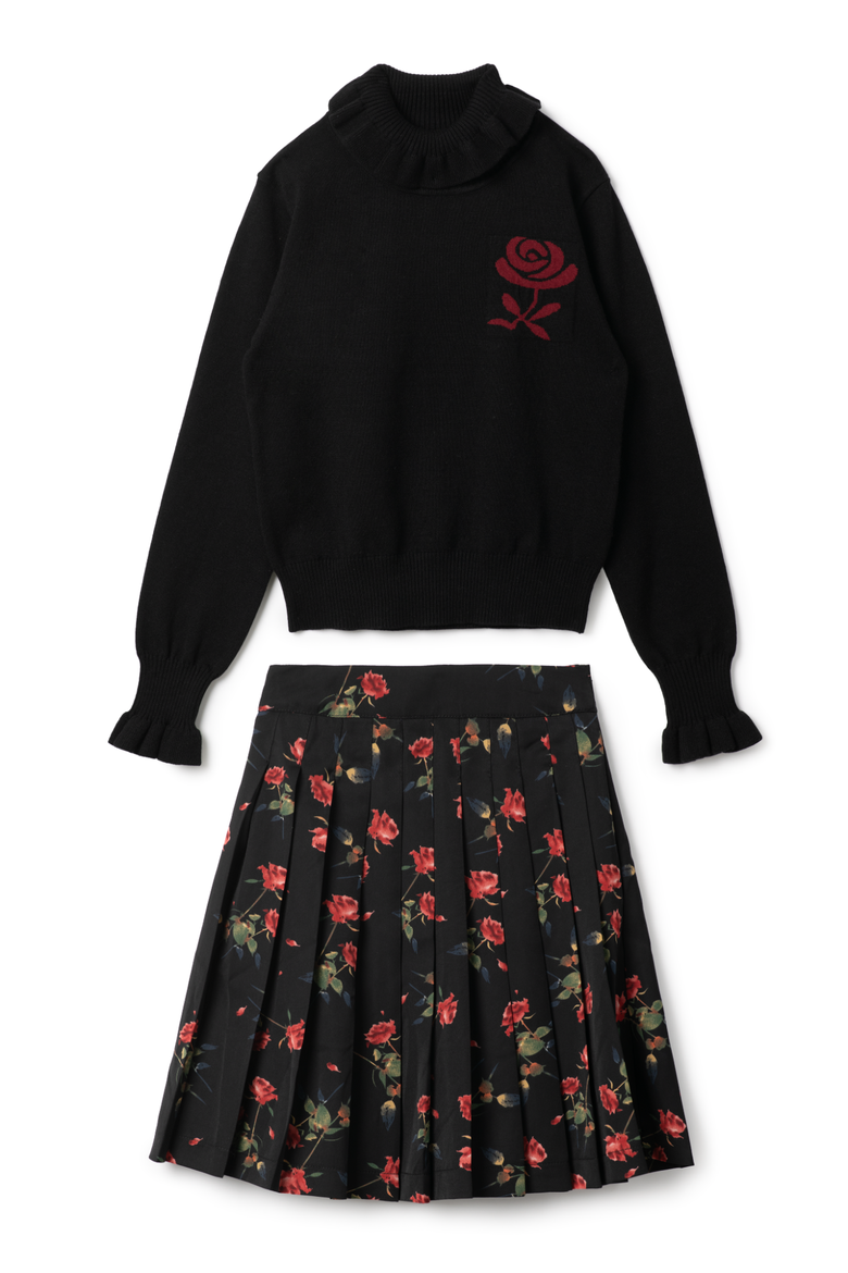 Woven Print Knit Set with Turtleneck and A-Line Skirt, Main, color, Black