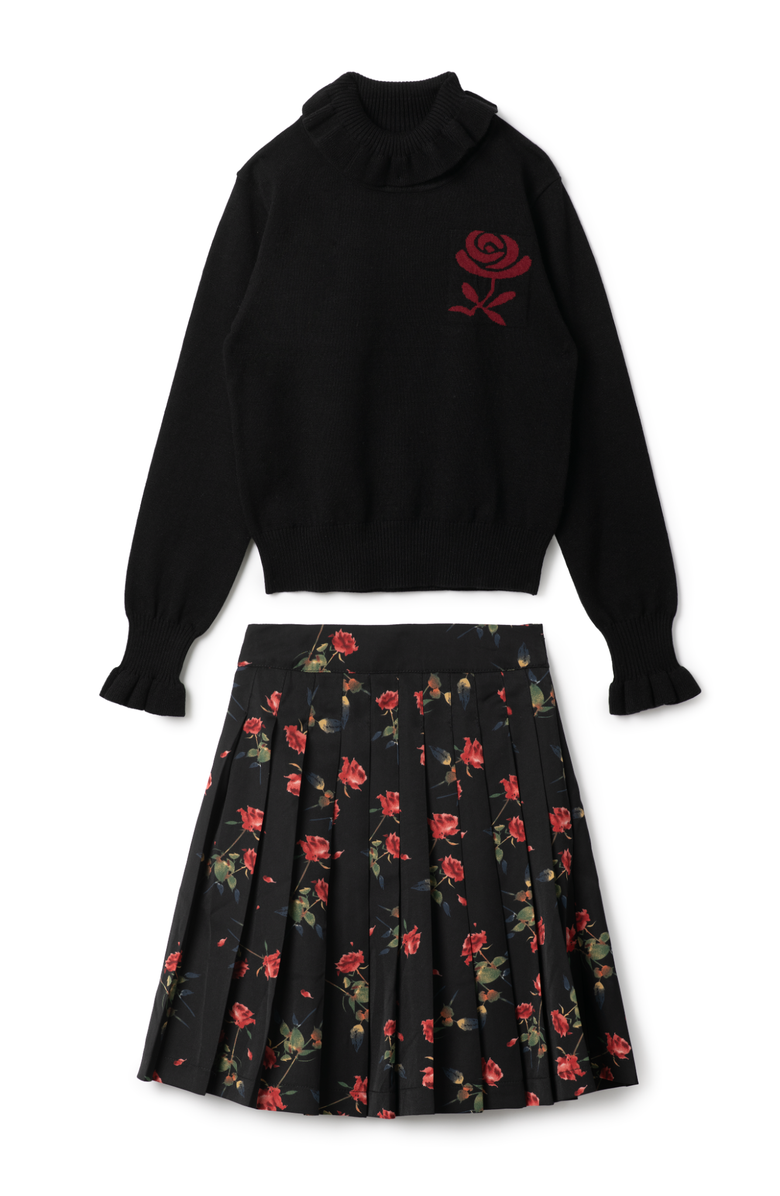 Clô Woven Print Knit Set with Turtleneck and A-Line Skirt, Main, color, Black