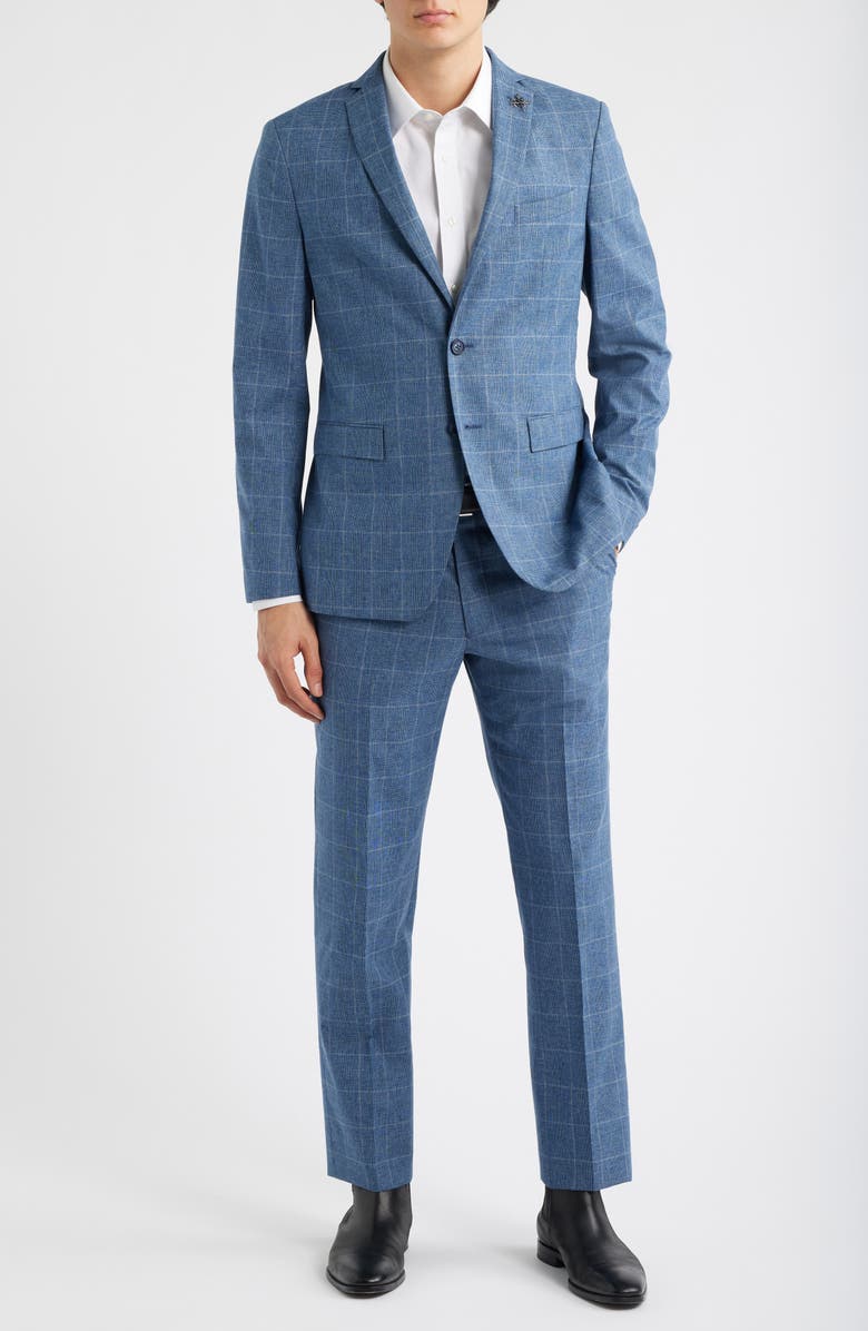 John Varvatos Star USA Varick Slim Fit Blue Glen Check Wool & Cotton Blend Suit, Alternate, color, Light Blue