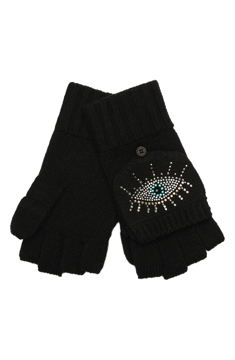 Kurt Geiger London Evil Eye Convertible Crystal Embellished Mittens, Alternate, color, Black