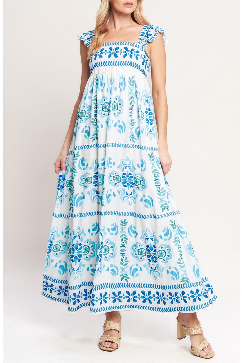 Flutter Sleeve Maxi Dress, Main, color, BLUE WHITE