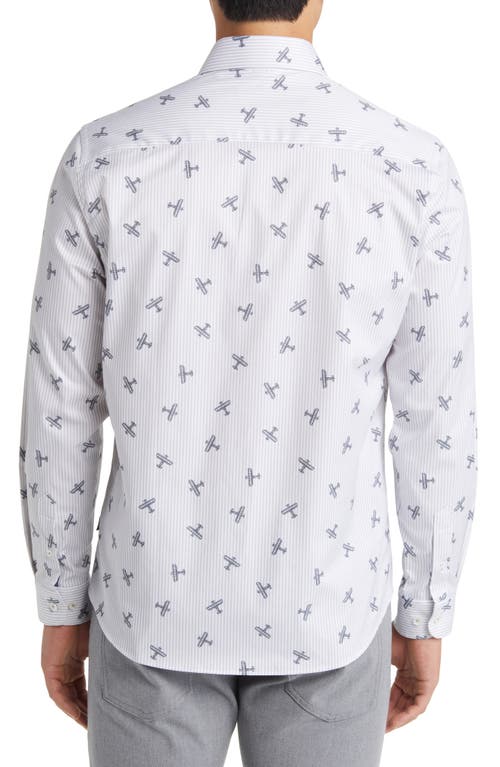 Stone Rose Dry Touch® Stripe Plane Print Performance Sateen Button-up Shirt In Grey