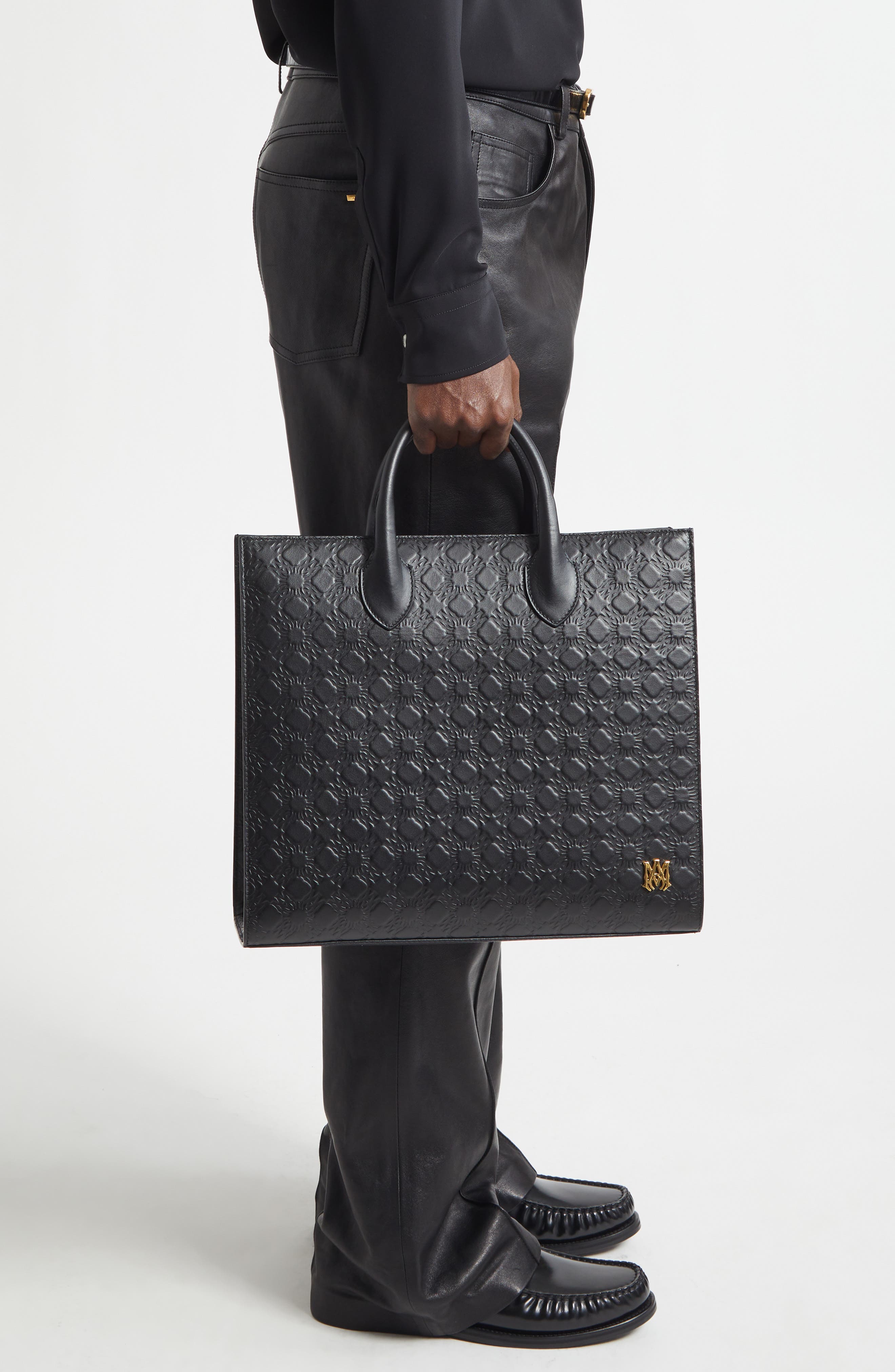 AMIRI Small MA Quad Debossed Leather Tote, Alternate, color, Black