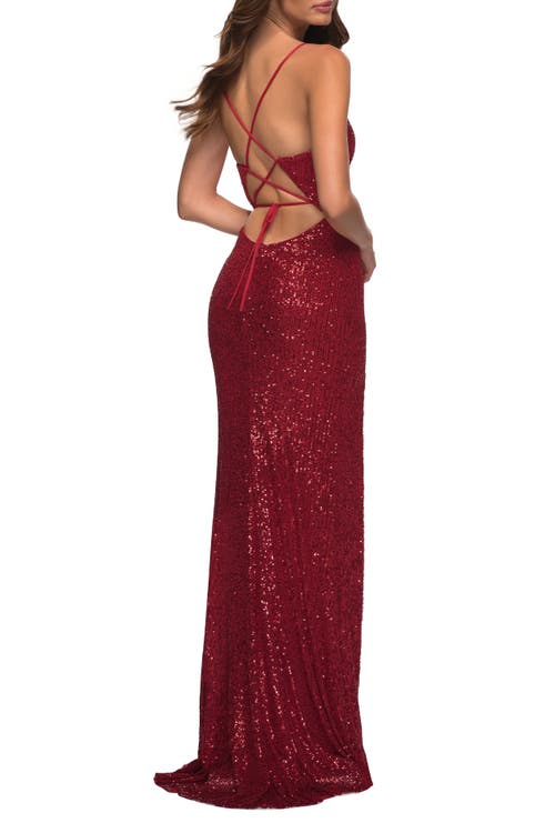La Femme Sequin Gown With Deep V Neckline And Lace Up Back In Red