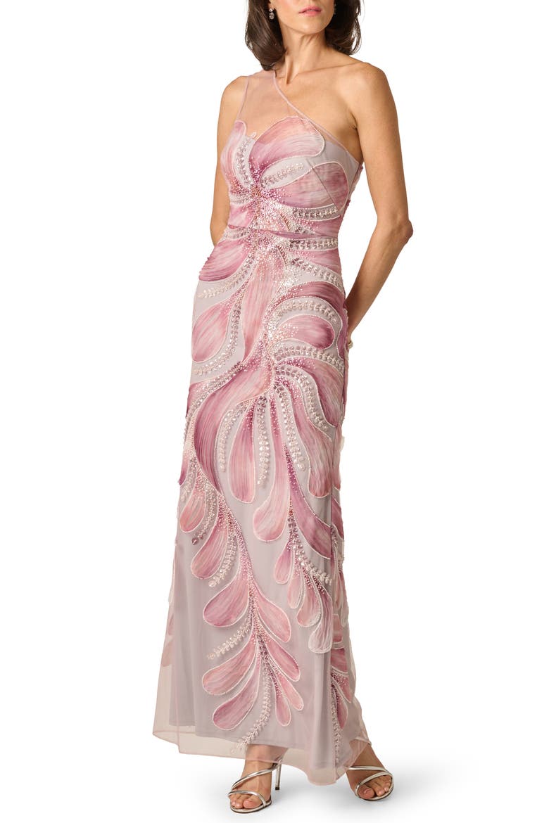 Soutache Mesh One-Shoulder Gown, Main, color, PINK MULTI