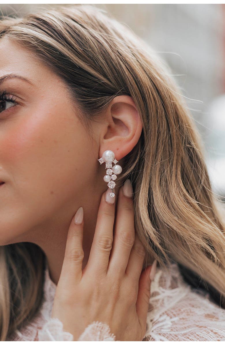 Untamed Petals Alexandra Pearl and Crystal Drop Earrings, Alternate, color, Silver