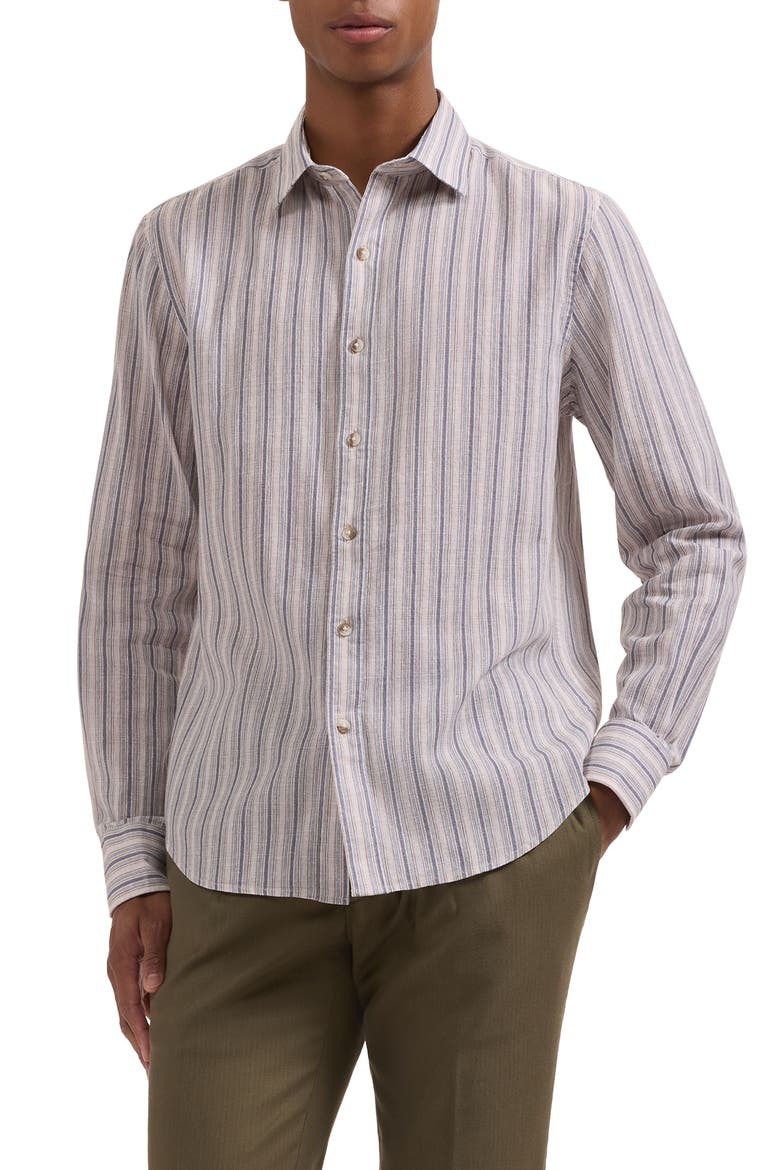 Julian Shaped Fit Stripe Cotton & Linen Button-Up Shirt, Main, color, CAMEL