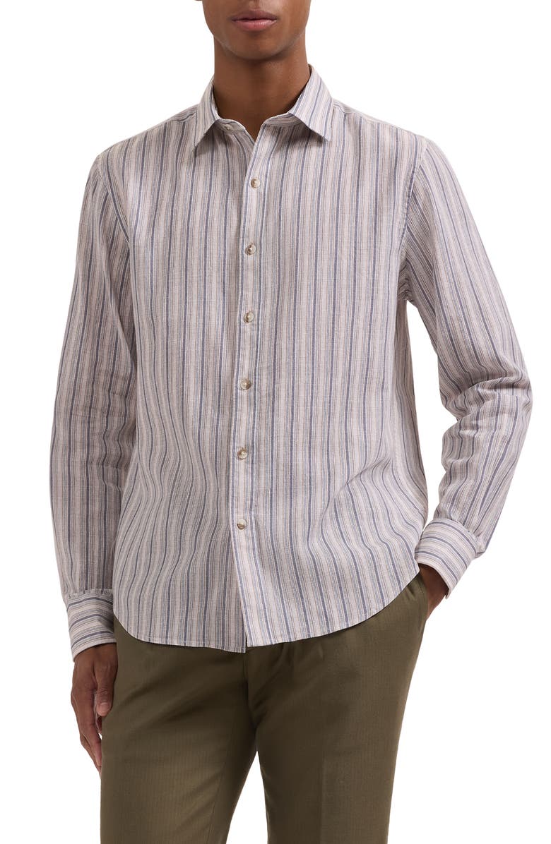 Bugatchi Julian Shaped Fit Stripe Cotton & Linen Button-Up Shirt, Main, color, Camel