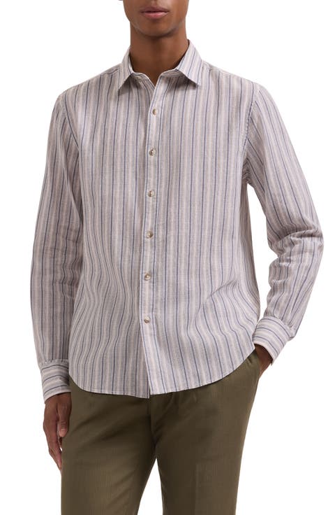 Julian Shaped Fit Stripe Cotton & Linen Button-Up Shirt