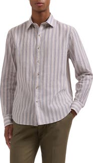 Bugatchi Julian Shaped Fit Stripe Cotton & Linen Button-Up Shirt