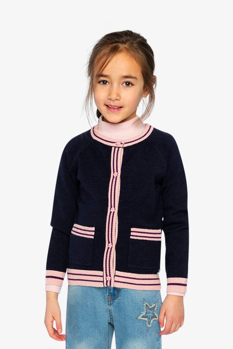Knitted Button Front Striped Trim Cardigan, Alternate, color, Royal Blue and Pink