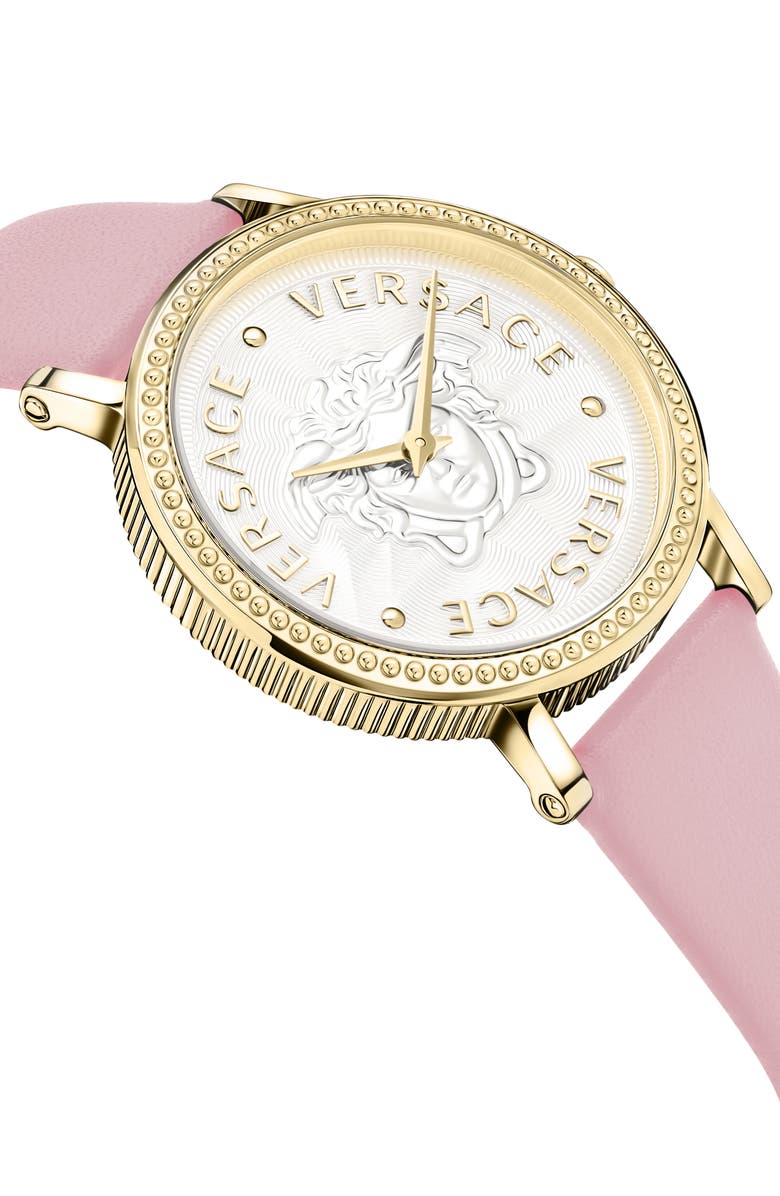 Versace V-Dollar Leather Strap Watch, 37mm, Alternate, color, Gold