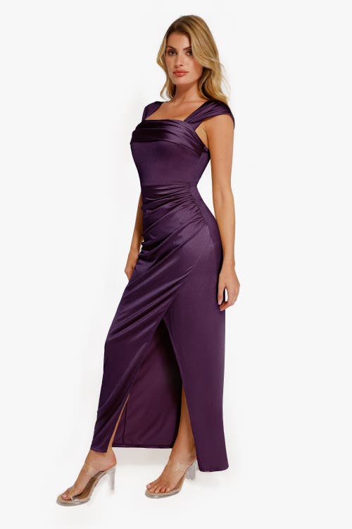 Popilush Shapewear Off Shoulder Shine Ruched Sculpting Maxi Dress In Fig