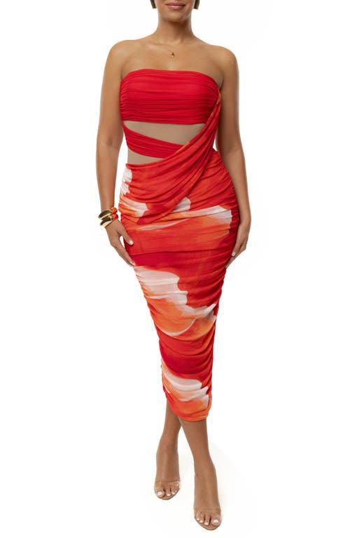 Jluxlabel Ruched Strapless Body-con Midi Dress In Red