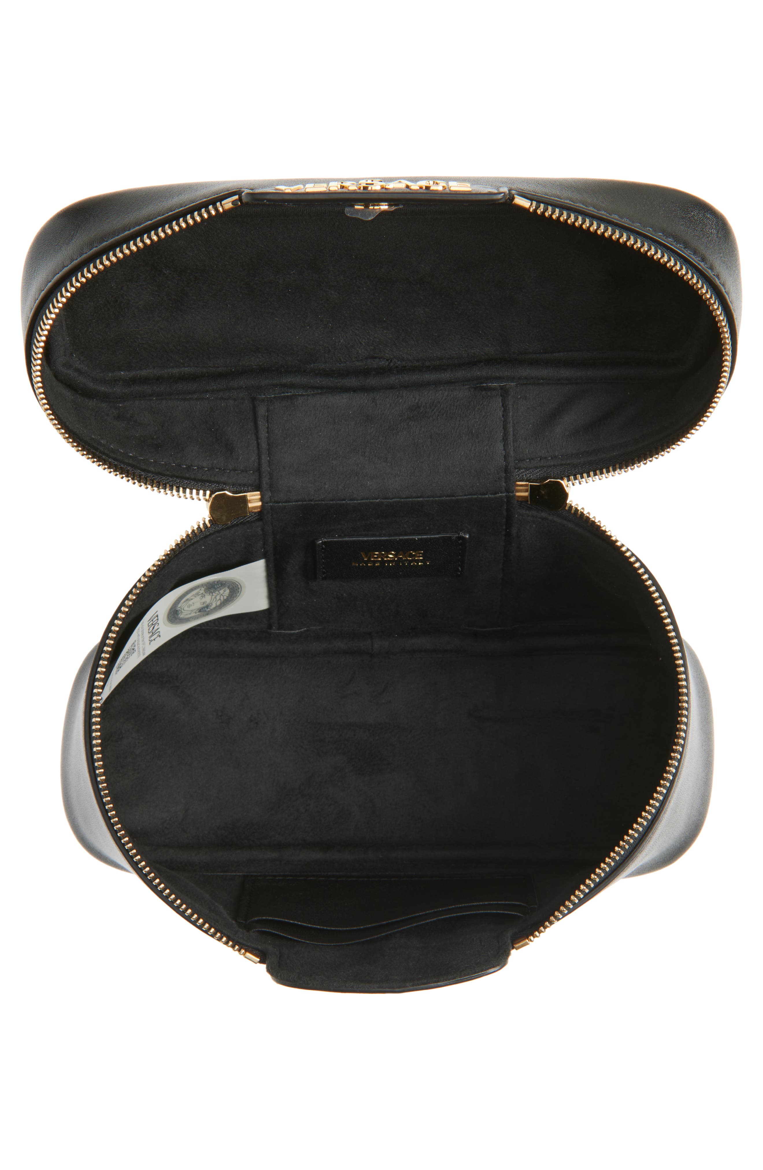 Versace Logo Tag Leather Vanity Bag, Alternate, color, 