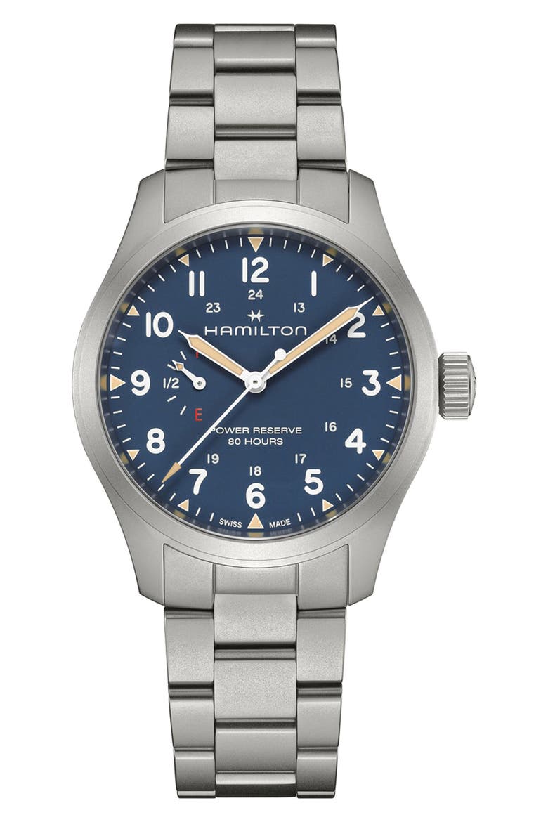 Khaki Field Mechanical Power Reserve Bracelet Watch, 40mm, Main, color, BLUE