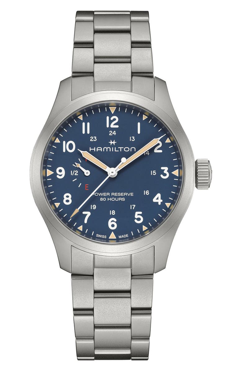Hamilton Khaki Field Mechanical Power Reserve Bracelet Watch, 40mm, Main, color, Blue