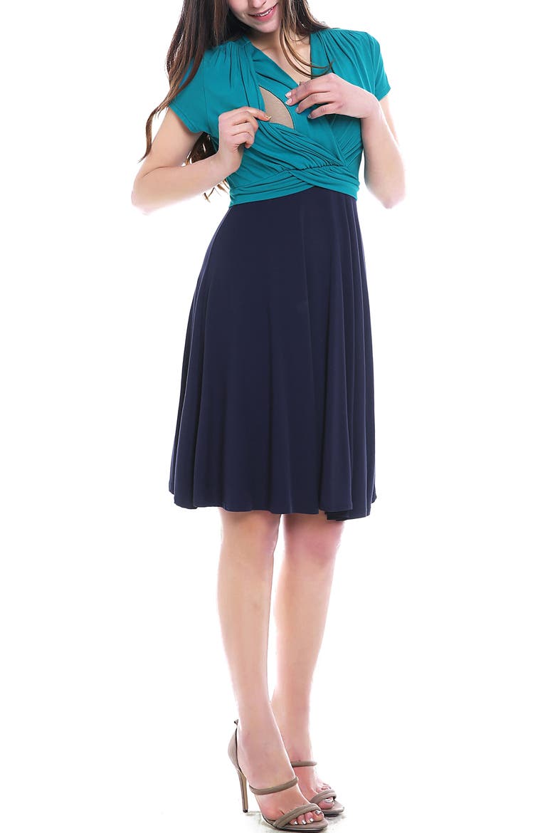 Sarah Faux Wrap Maternity/Nursing Dress, Alternate, color, Navy Teal