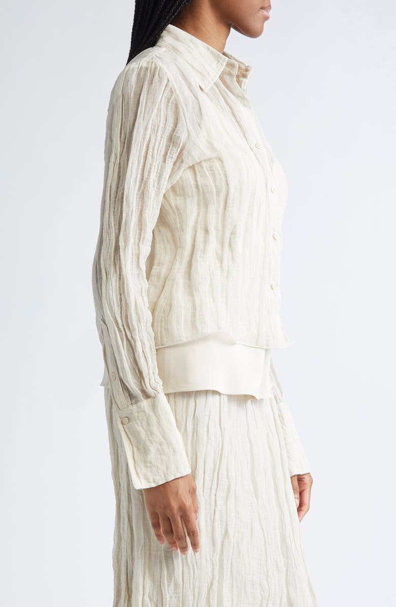 Brandon Maxwell The Billie Crinkle Metallic Organza Button-Up Shirt, Alternate, color, Oyster