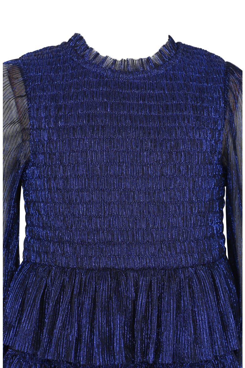 Kids' Metallic Plissé Long Sleeve Tiered Party Dress, Alternate, color, NAVY