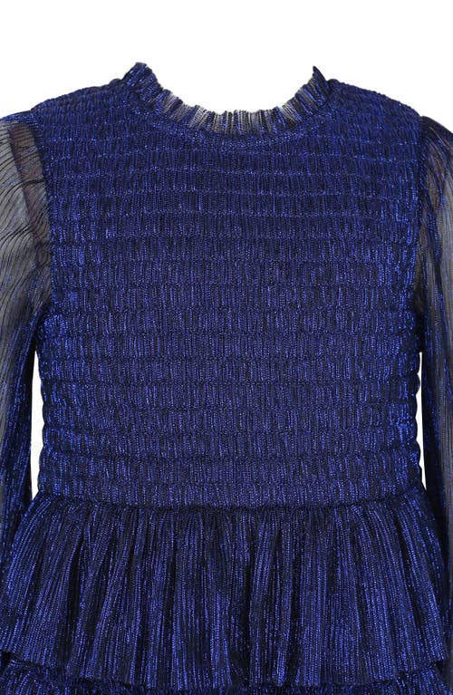 Zunie Kids' Metallic Plissé Long Sleeve Tiered Party Dress In Blue