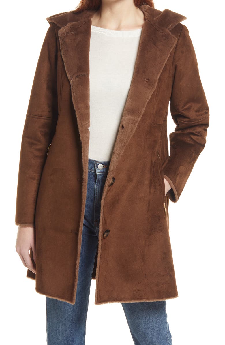 Gallery Hooded Faux Suede & Faux Shearling A-Line Coat, Main, color, Brown