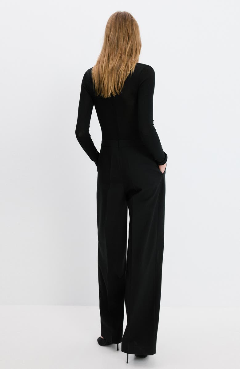 MANGO Long Sleeve Wide Leg Mixed Media Jumpsuit, Alternate, color, Black