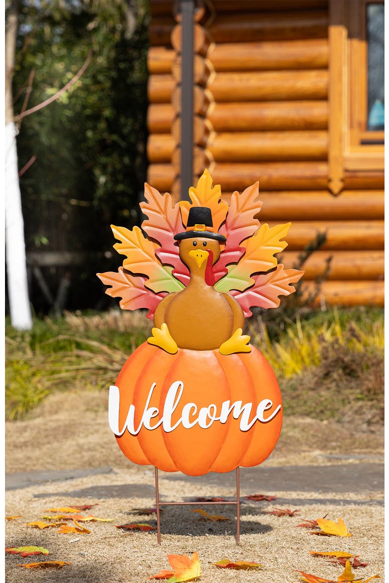 Thanksgiving Metal Turkey Yard Stake Standing Decor or Wall Sign, Alternate, color, Orange