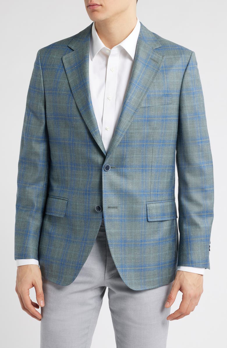 Peter Millar Hyperlight Soft Plaid Slub Wool & Silk Blend Sport Coat, Main, color, Green