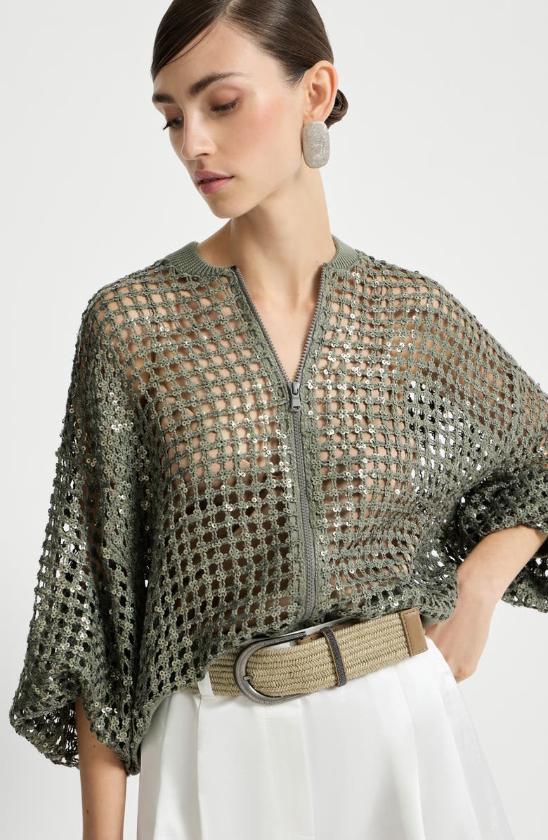 Brunello Cucinelli Dazzling Net Embroidery cardigan, Alternate, color, Green
