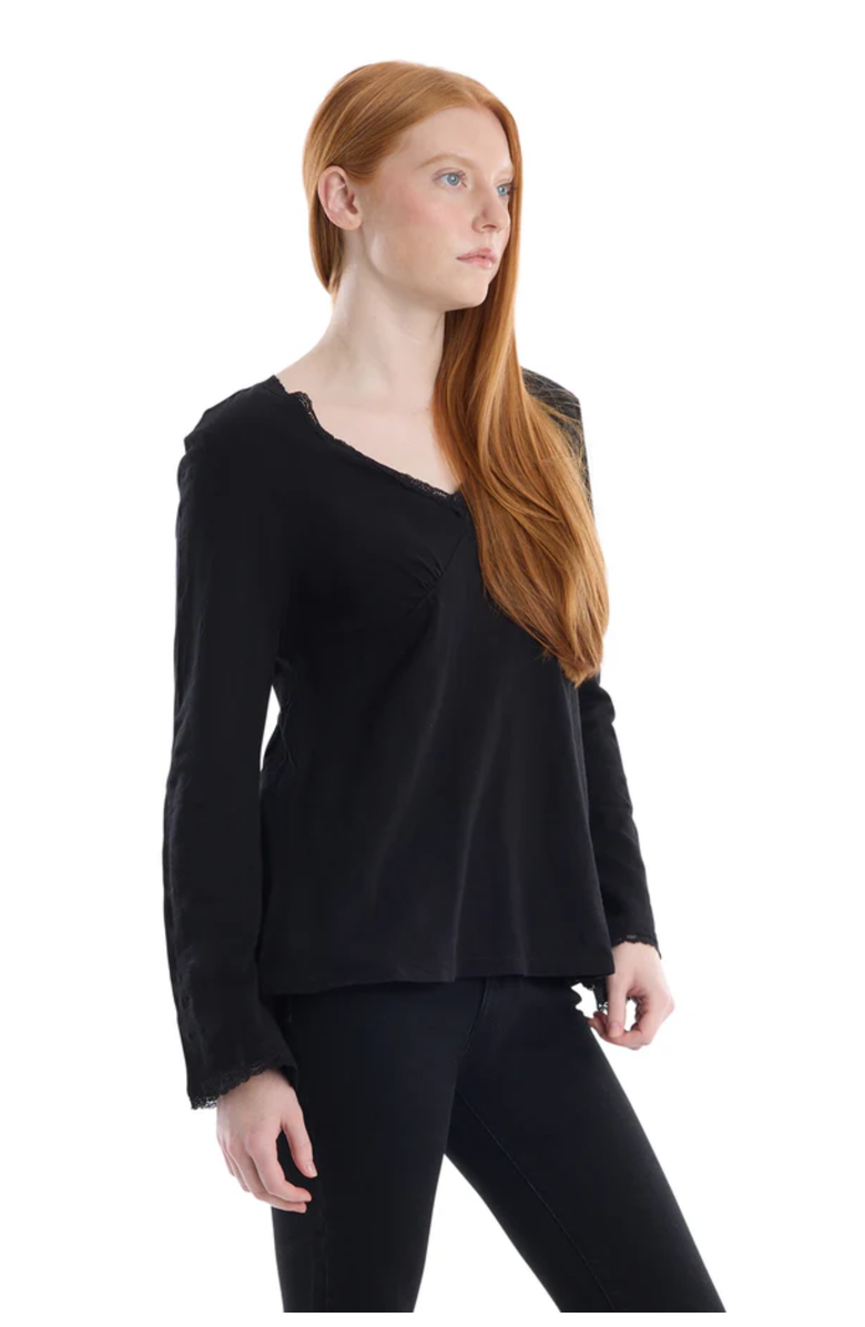 WILT Clothing V-Neck Long Sleeve Empire Seam Trapeze Tee with Lace Trims, Alternate, color, Black