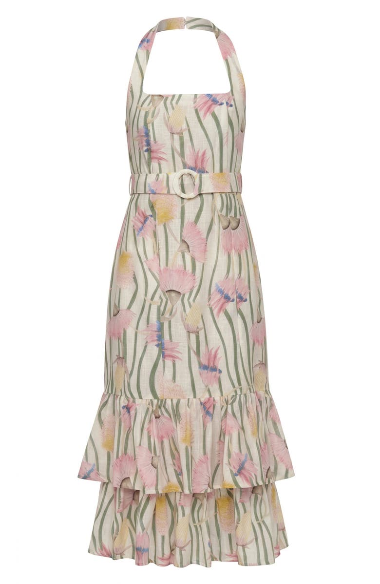 The Lulo Project The Australian Ruffle Halter Linen Blend Maxi Dress, Alternate, color, Aussie Desert Flowers
