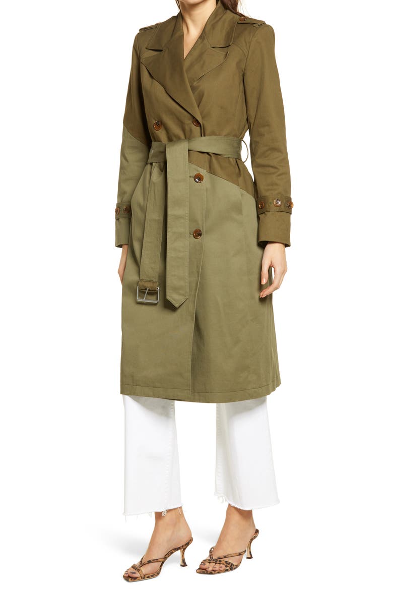 Pieced Colorblock Trench Coat, Alternate, color, TWO-TONE GREEN DUNE