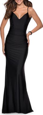 La Femme Form Fitting Jersey Dress with Fully Open Back
