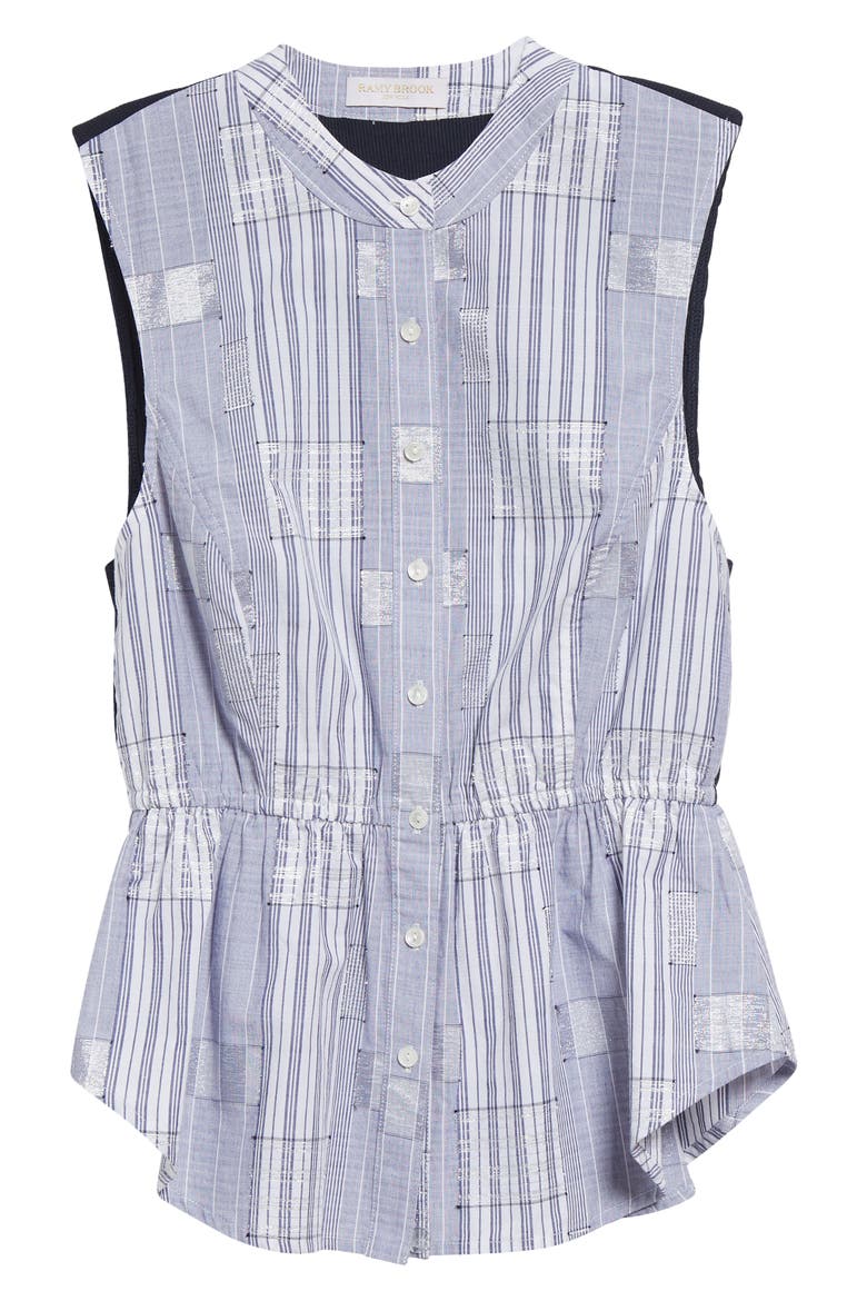 Kezia Sleeveless Metallic Mixed Media Peplum Button-Up Shirt, Alternate, color, NAVY PATCHWORK