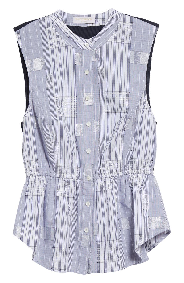Ramy Brook Kezia Sleeveless Metallic Mixed Media Peplum Button-Up Shirt, Alternate, color, Navy Patchwork