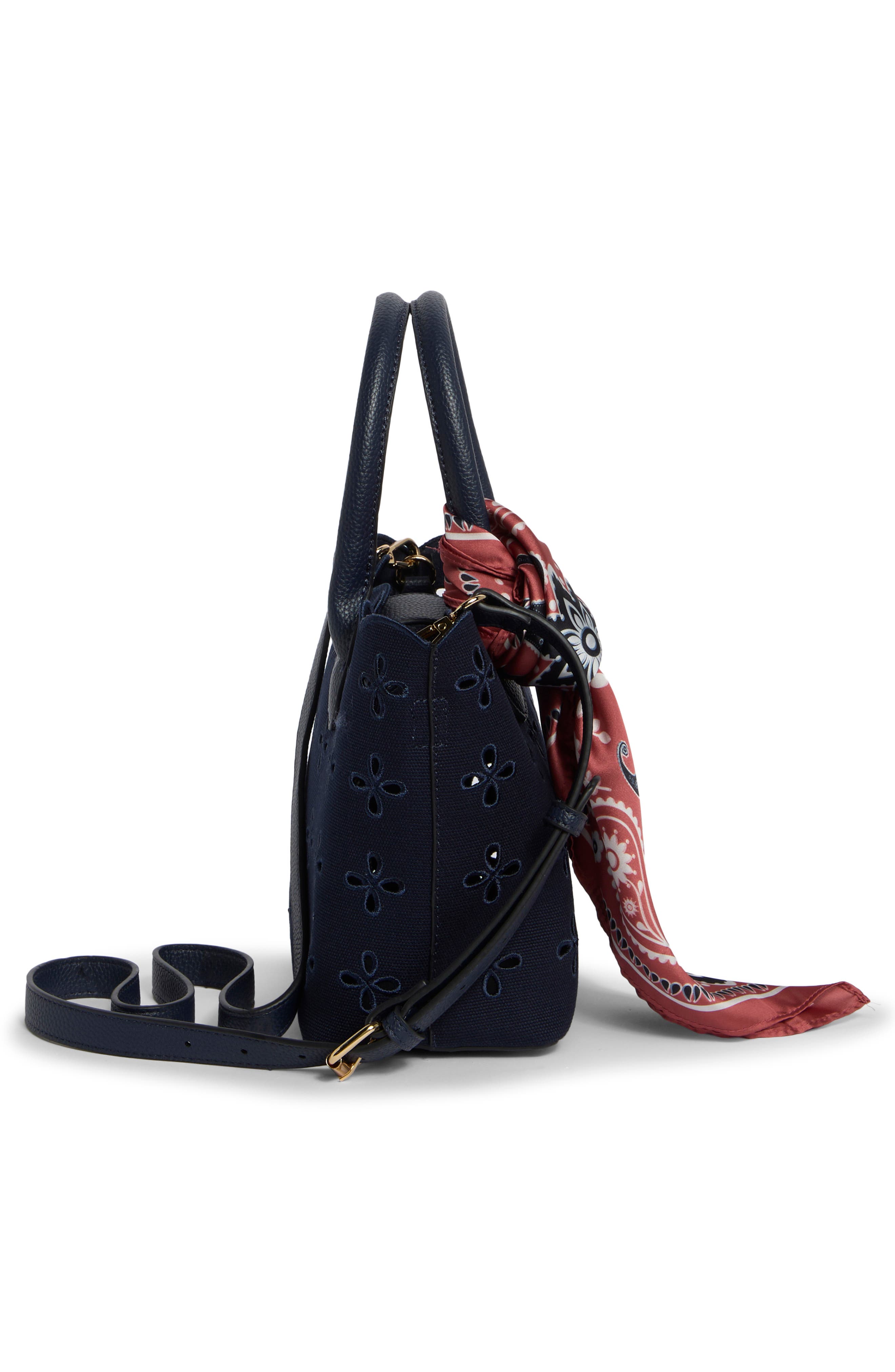 Eyelet Embroidered Denim Satchel, Alternate, color, NAVY / AMERICANA SCARF
