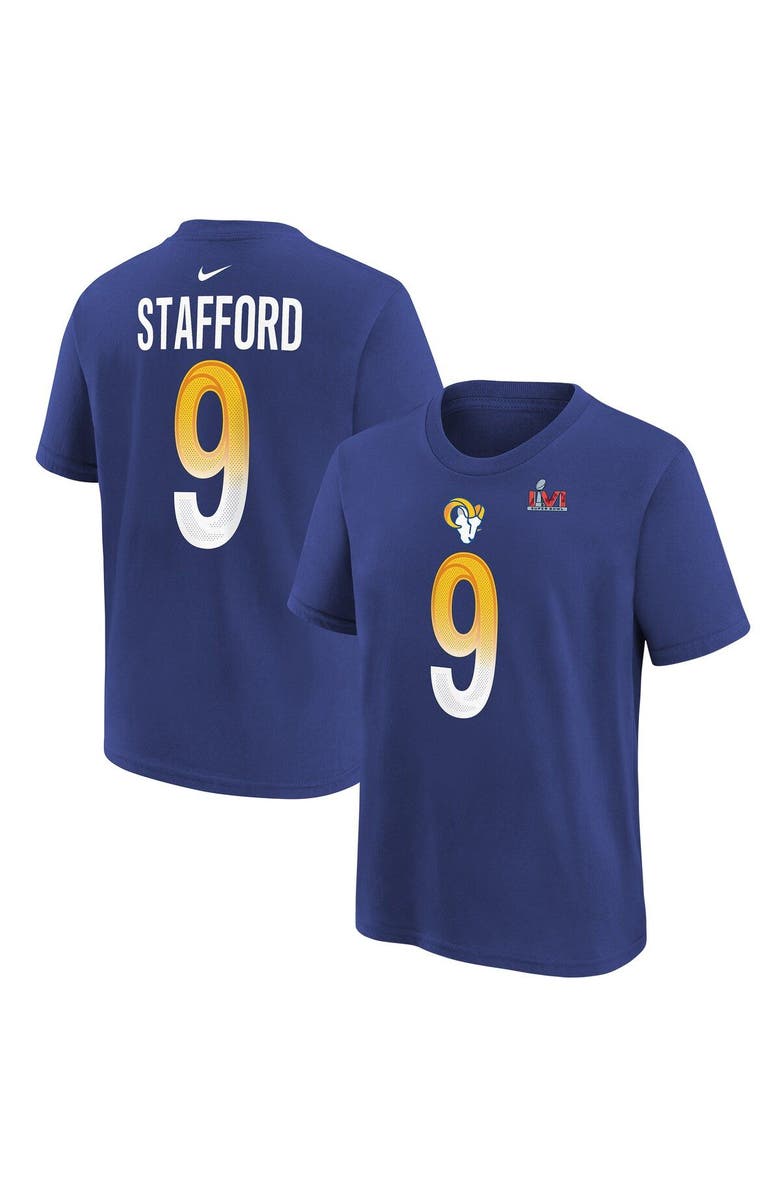 Nike Youth Nike Matthew Stafford Royal Los Angeles Rams Super Bowl LVI Name & Number T-Shirt, Main, color, 