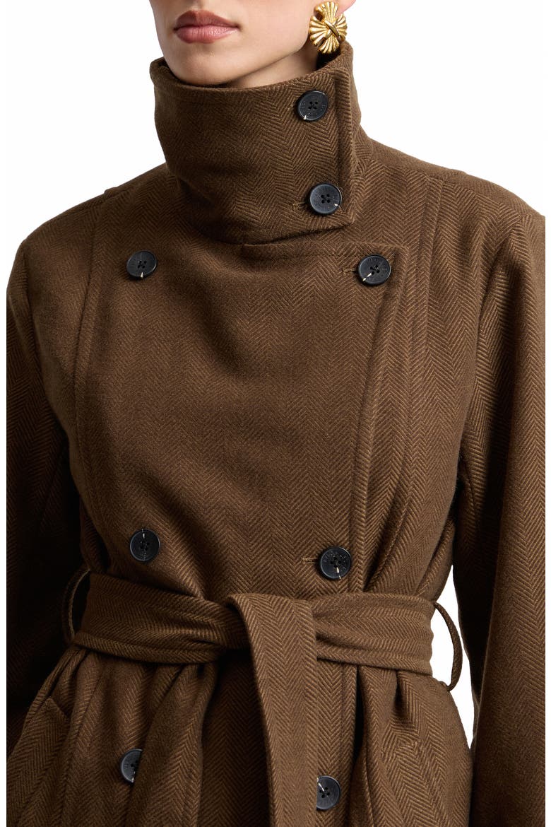 Belted Funnel Neck Herringbone Trench Coat, Alternate, color, TAWNY