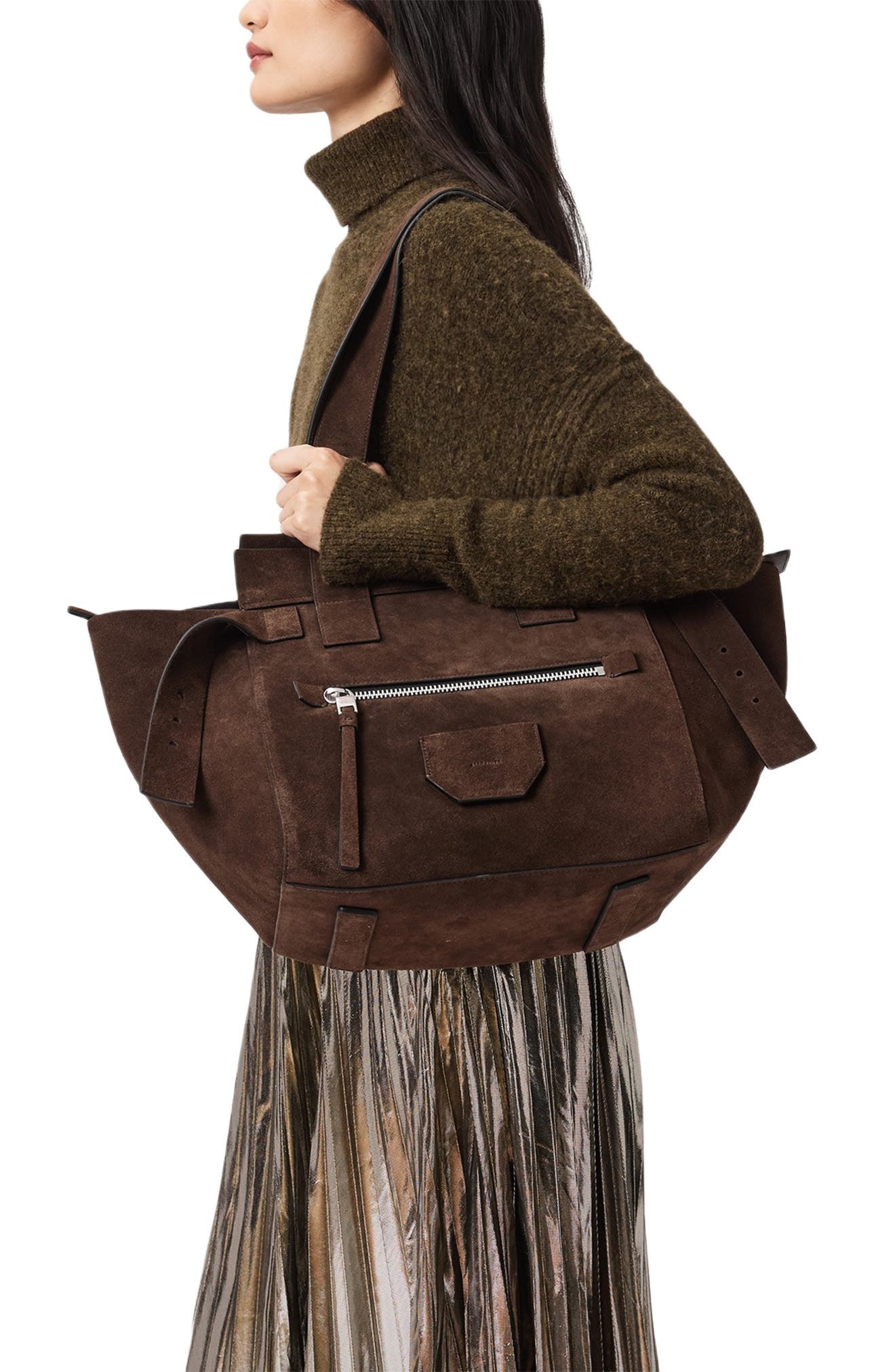 AllSaints Perez Suede Tote, Alternate, color, Fango Brown