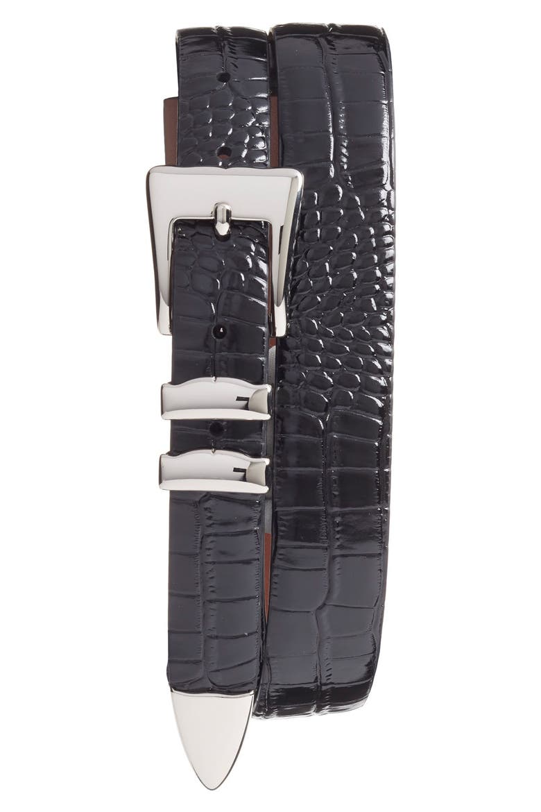 Alligator Embossed Leather Belt, Main, color, BLACK