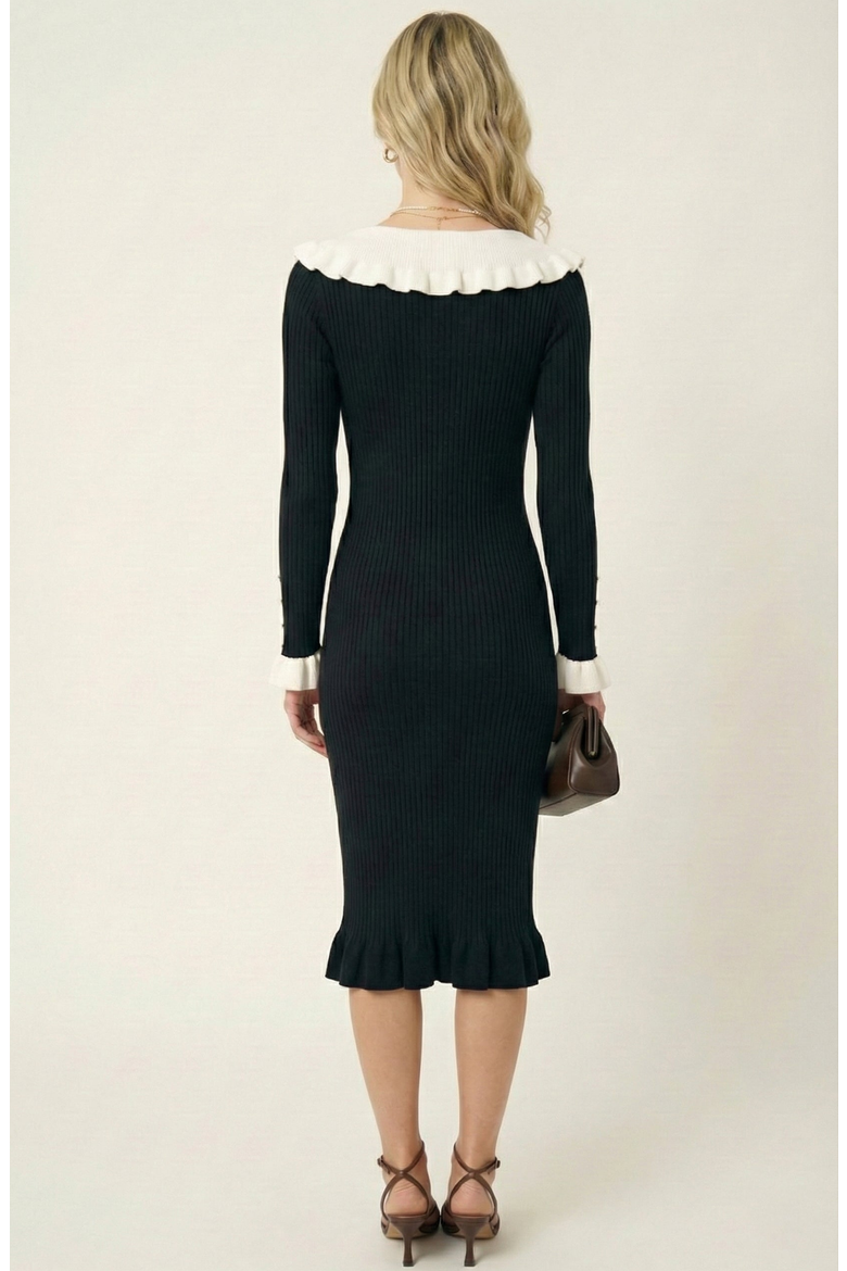 Ribbed Knit Ruffled Collar Midi Dress, Alternate, color, Black