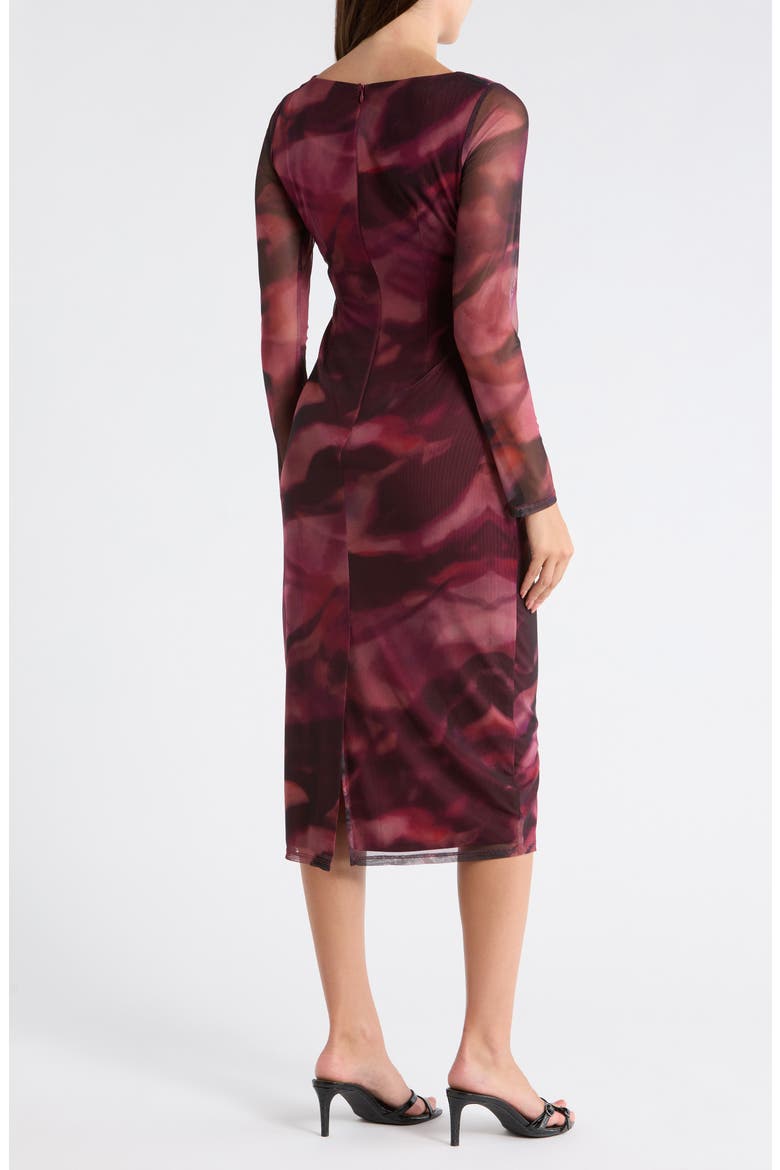Print Mesh Long Sleeve Body-Con Midi Dress, Alternate, color, WINE