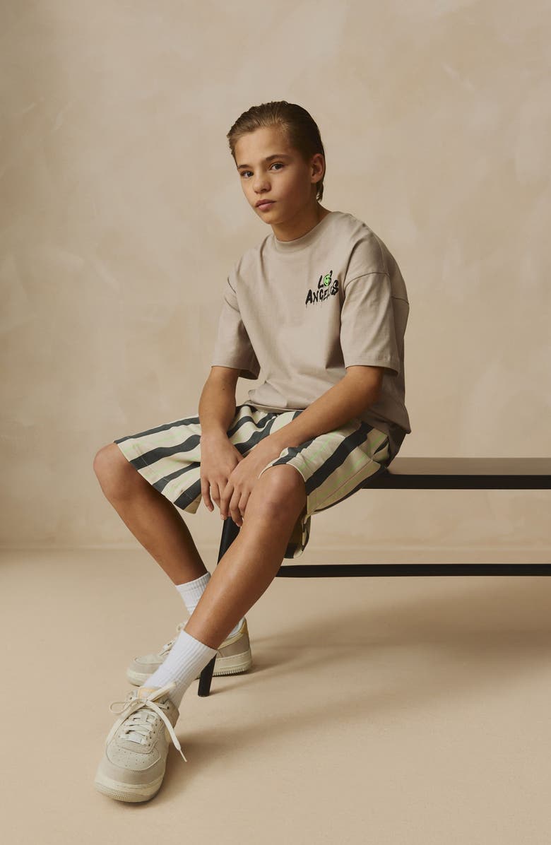 NEXT Kids' Oversize LA Graphic T-Shirt & Stripe Drawstring Shorts Set, Alternate, color, Neutral